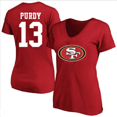 Women's San Francisco 49ers #13 Brock Purdy Red V-Neck T-shirt(Run Small)