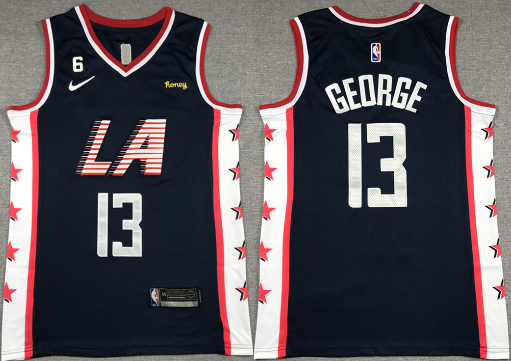 Men's Los Angeles Clippers #13 Paul George Navy 2022/23 City Edition With NO.6 Patch Stitched Jersey