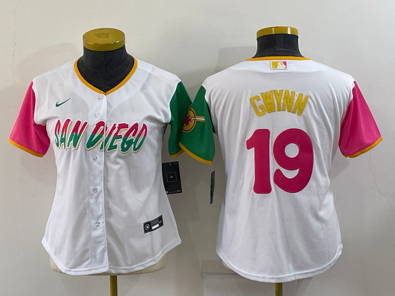 Women's San Diego Padres #19 Tony Gwynn 2022 White City Connect Cool Base Stitched Baseball Jersey(Run Small)