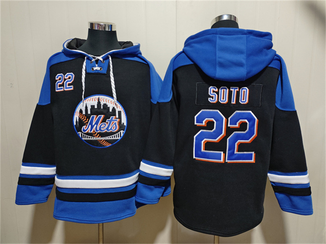 Men's New York Mets #22 Juan Soto Black/Blue Ageless Must-Have Lace-Up Pullover Hoodie