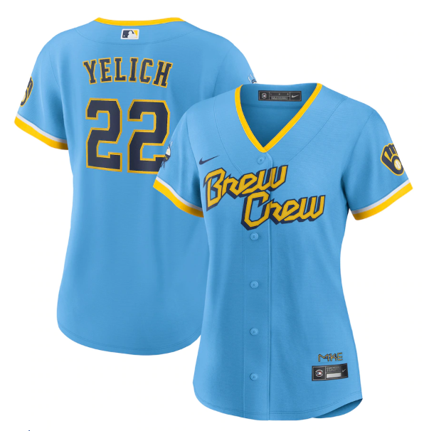 Women's Milwaukee Brewers #22 Christian Yelich 2022 Powder Blue City Connect Cool Base Stitched Jersey(Run Small)