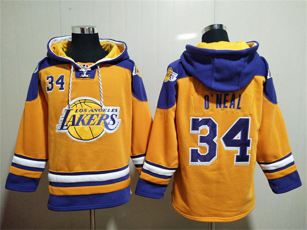 Men's Los Angeles Lakers #34 Shaquille O'Neal Yellow Lace-Up Pullover Hoodie