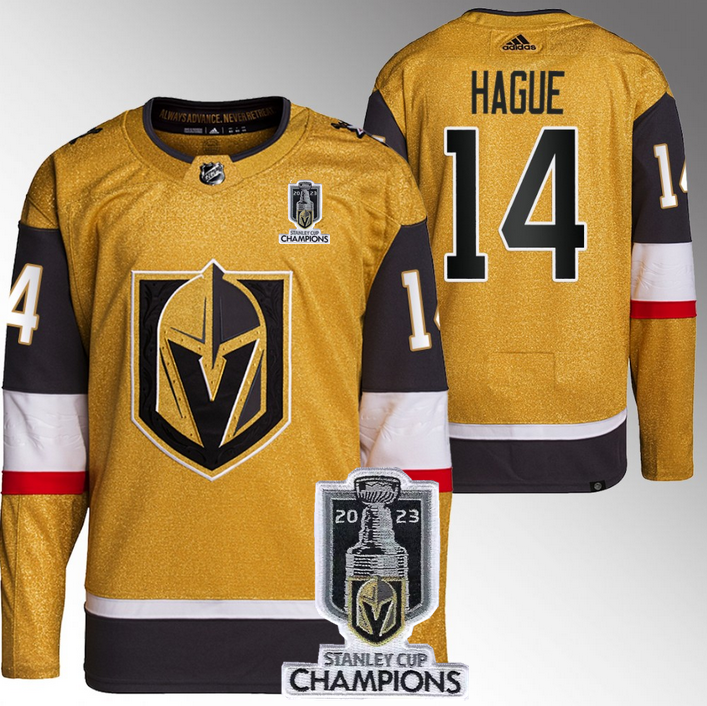 Men's Vegas Golden Knights #14 Nicolas Hague Gold 2023 Stanley Cup Champions Stitched Jersey