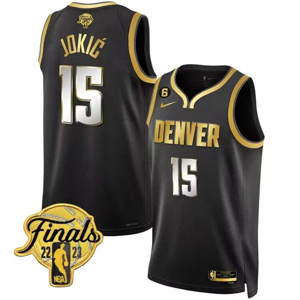 Men's Denver Nuggets #15 Nikola Jokic Black Gold Edition 2023 Finals Collection With NO.6 Patch Stitched Basketball Jersey