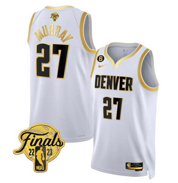 Men's Denver Nuggets #27 Jamal Murray White Gold Edition 2023 Finals Collection With NO.6 Patch Stitched Basketball Jersey Men's Denver Nuggets #27 Jamal Murray White Gold Edition 2023 Finals Collection With NO.6 Patch Stitched Basketball Jersey