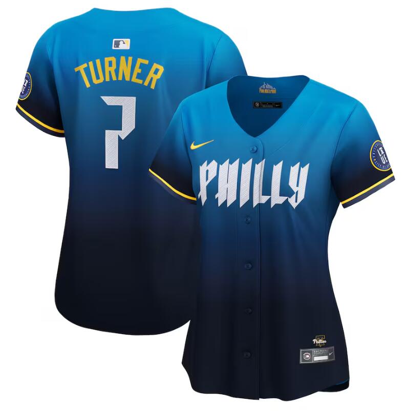 Women's Philadelphia Phillies #7 Trea Turner Blue 2024 City Connect Limited Stitched Baseball Jersey