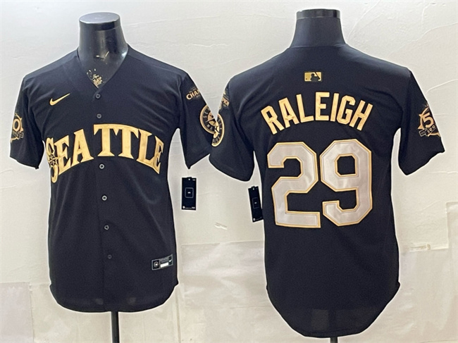 Men's Seattle Mariners #29 Cal Raleigh Black/Gold 50th Anniversary & AL West Division Champions Patch Vapor Limited Stitched Baseball Jersey
