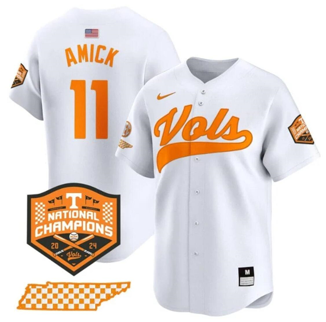 Men's Tennessee Volunteers #11 Billy Amick White 2024 Champions Vapor Limited Stitched Jersey Men's Tennessee Volunteers #11 Billy Amick White 2024 Champions Vapor Limited Stitched Jersey