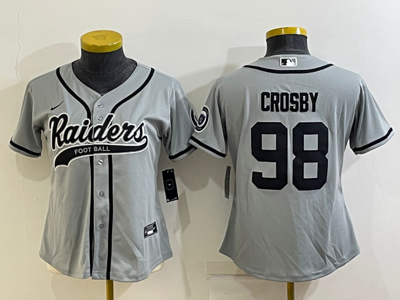 Women's Las Vegas Raiders #98 Maxx Crosby Grey With Patch Cool Base Stitched Baseball Jersey(Run Small)