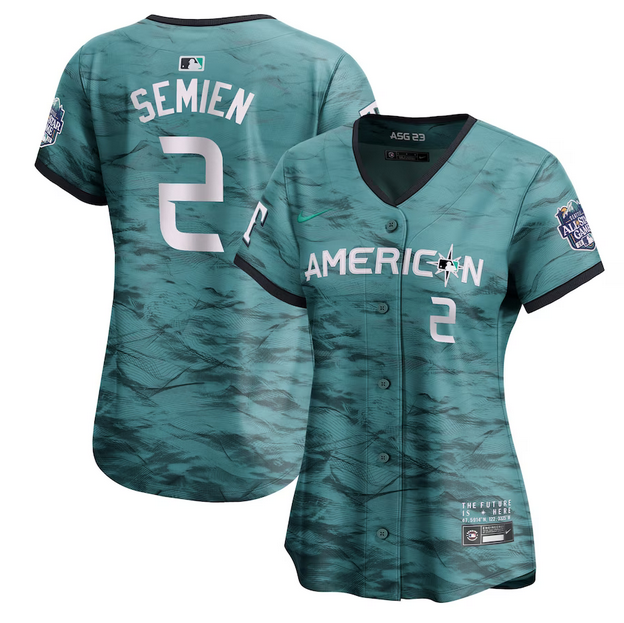 Women's Texas Rangers #2 Marcus Semien Teal 2023 All-star Stitched Baseball Jersey(Run Small)