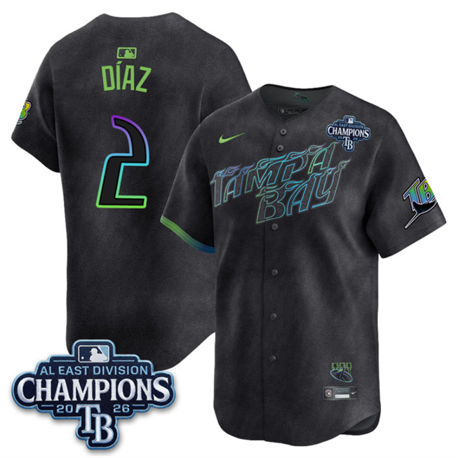 Men's Tampa Bay Rays #2 Yandy Díaz Charcoal 2026 AL East Champions Patch City Connect Limited Stitched Baseball Jersey Men's Tampa Bay Rays #2 Yandy Díaz Charcoal 2026 AL East Champions Patch City Connect Limited Stitched Baseball Jersey