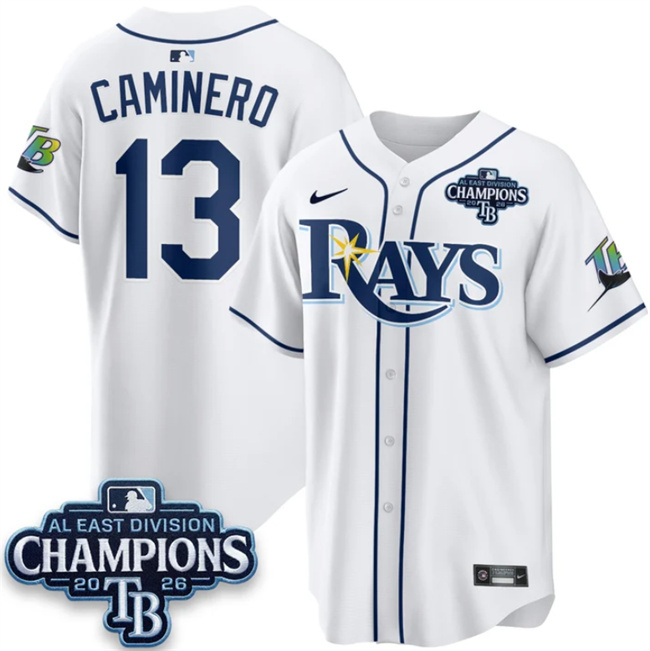 Men's Tampa Bay Rays #13 Junior Caminero White 2026 AL East Champions Patch Limited Stitched Baseball Jersey Men's Tampa Bay Rays #13 Junior Caminero White 2026 AL East Champions Patch Limited Stitched Baseball Jersey