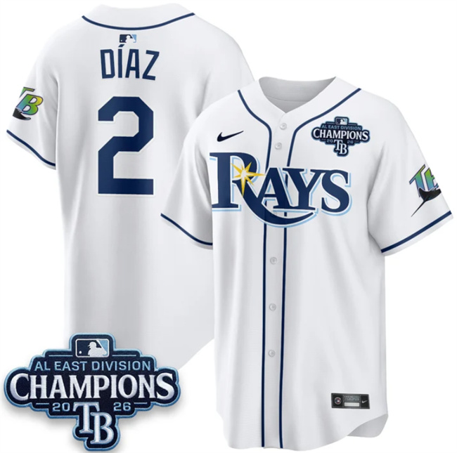 Men's Tampa Bay Rays #2 Yandy Díaz White 2026 AL East Champions Patch Limited Stitched Baseball Jersey Men's Tampa Bay Rays #2 Yandy Díaz White 2026 AL East Champions Patch Limited Stitched Baseball Jersey