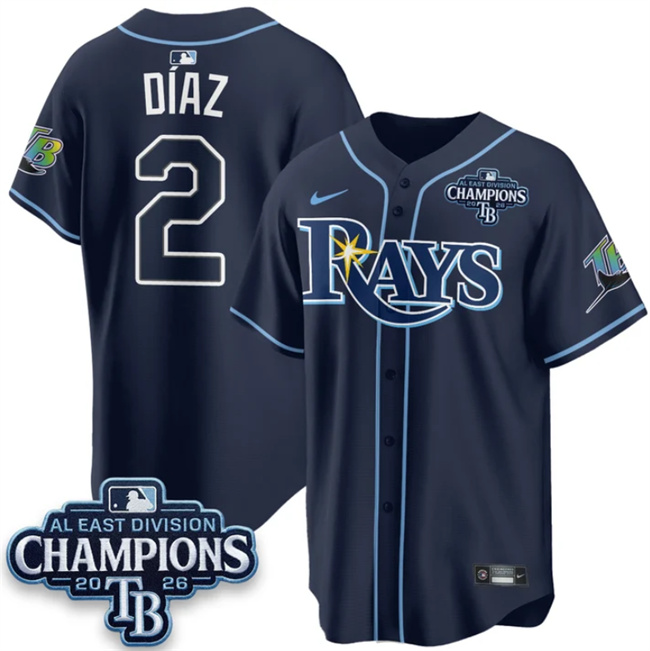 Men's Tampa Bay Rays #2 Yandy Díaz Navy 2026 AL East Champions Patch Limited Stitched Baseball Jersey Men's Tampa Bay Rays #2 Yandy Díaz Navy 2026 AL East Champions Patch Limited Stitched Baseball Jersey