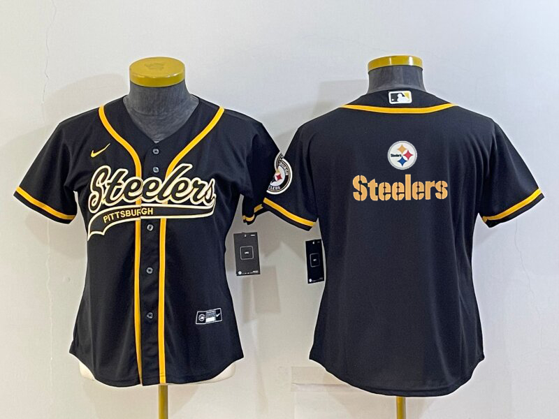 Youth Pittsburgh Steelers Black Team Big Logo With Patch Cool Base Stitched Baseball Jersey