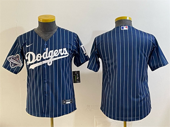 Youth Los Angeles Dodgers Blank Navy Pinstripe 2025 World Series Champions Patch Cool Base Stitched Baseball Jersey Youth Los Angeles Dodgers Blank Navy Pinstripe 2025 World Series Champions Patch Cool Base Stitched Baseball Jersey