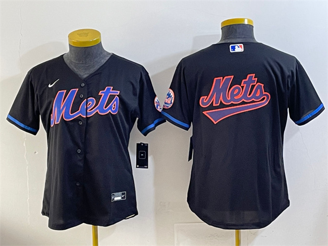 Youth New York Mets Team Big Logo Black Cool Base Stitched Baseball Jersey