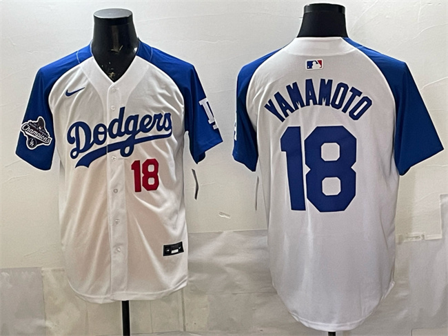 Men's Los Angeles Dodgers #18 山本由伸 White/Royal 2025 World Series Champions Patch Limited Stitched Baseball Jersey Men's Los Angeles Dodgers #18 山本由伸 White/Royal 2025 World Series Champions Patch Limited Stitched Baseball Jersey