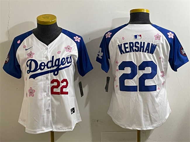 Youth Los Angeles Dodgers #22 Clayton Kershaw White/Royal 2025 Tokyo Series Limited Stitched Baseball Jersey