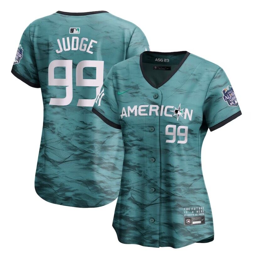 Women's New York Yankees #99 Aaron Judge Teal 2023 Alls-star Cool Base Stitched Jersey(Run Small)